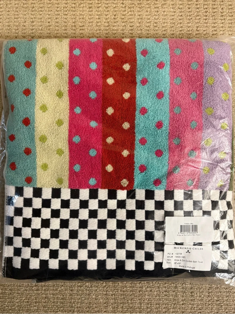 MacKenzie-Childs Black & White Checkerboard Bath Towel with Multicolor Dot Trim